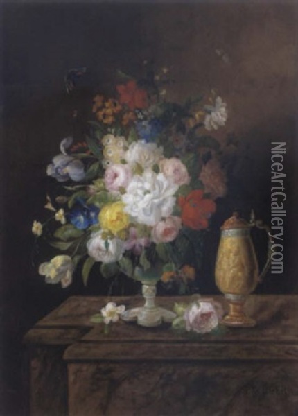 Groses, Dekoratives Blumenstilleben Mit Einem Vergoldeten Prunkpokal Oil Painting - Eduard Wuger