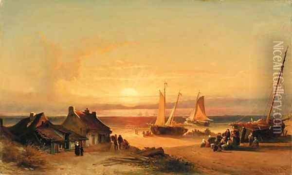 Fishing village at sunrise Oil Painting - Elias Pieter van Bommel