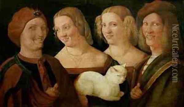 Four People Laughing at the Sight of a Cat Oil Painting - Niccolo Frangipane