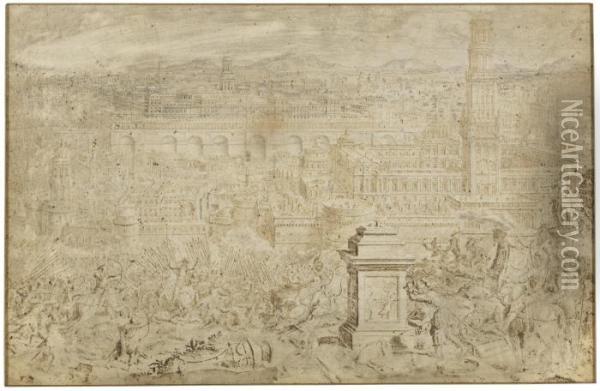 Topographic View Of Jerusalem: Judas Maccabeus Victorious Over Antiochus Oil Painting - Lieven Cruyl
