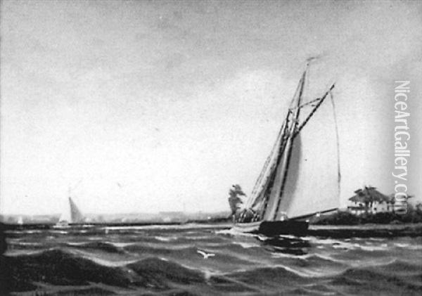 Coastal Scene With Gaff-rigged Boat Oil Painting - Hendricks A. Hallett