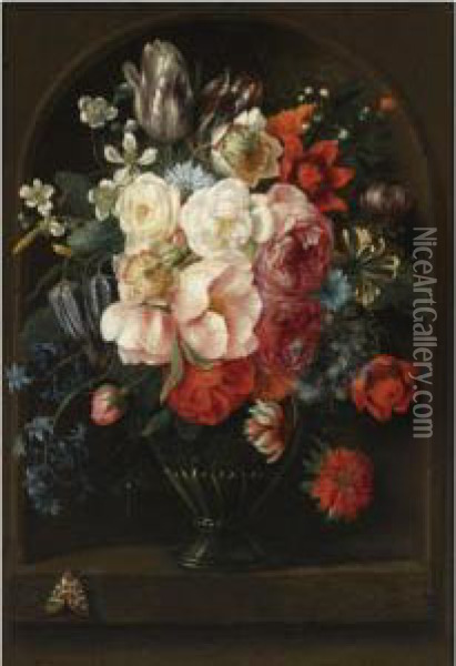 A Still Life Of Roses, Parrot 
Tulips, A Hyacinth, Honeysuckle,anemones And Other Flowers In A Glass 
Vase, Together With Abutterfly, In A Stone Niche Oil Painting - Joris Van Son