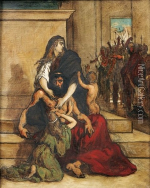 Scene De La Guerre De Troie (+ 3 Others; 4 Works) Oil Painting - Camille Felix Bellanger