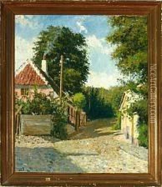 An Idylic Village Scenery, Presumeably In Tisvildeleje Village, Denmark Oil Painting - Jacob Ludvig Goldmann