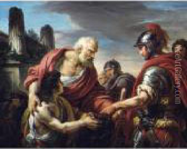 Belisarius, Reduced To Begging, 
Recognized By A Soldier From The Army Of Emperor Justinian Oil Painting - Francois-Andre Vincent
