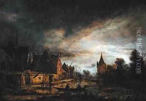 A Moonlit Village Landscape with Two Men in a Boat Oil Painting - Aert van der Neer