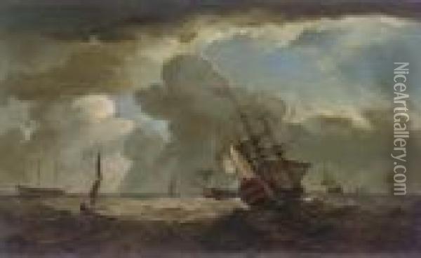 A Two-decker Heeling In An Offshore Breeze Oil Painting - Charles Brooking