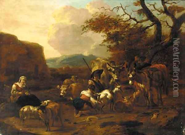 An evening landscape with herdsmen and shepherdesses, cattle and sheep resting nearby Oil Painting - Jan Frans Soolmaker