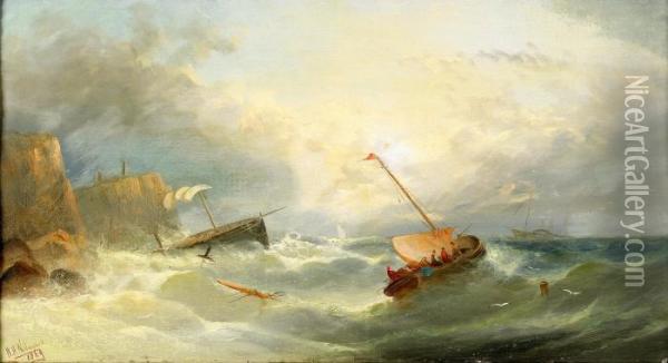Fishing Boats In Rough Sea Off Coast Oil Painting - William Harry Williamson