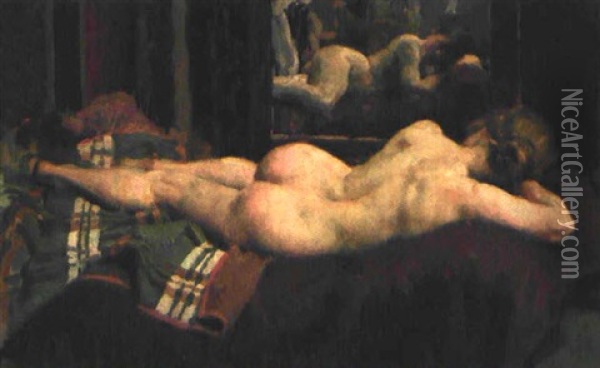 Liegender Madchenakt Vor Einem Spiegel Oil Painting - Paul Paede
