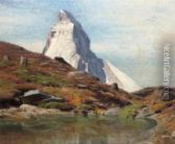 The Matterhorn From The Riffelsee Lake Oil Painting - Albert H. Gos