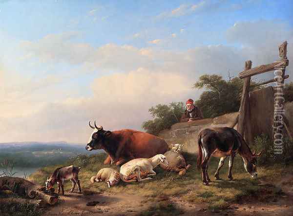 A Farmer Tending His Animals Oil Painting - Eugene Verboeckhoven
