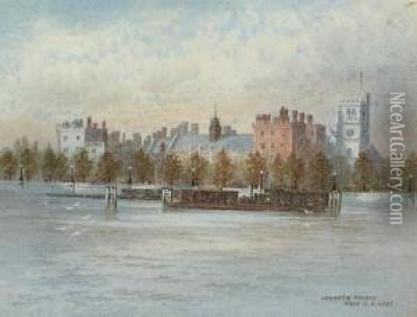 Broadway Wharf, Limehouse; And Lambeth Palace Oil Painting - Frederick E.J. Goff