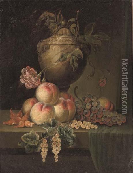 Grapes On The Vine, Peaches, 
Apricots And Cherries On A Stone Ledge; And Roses In A Sculpted Urn With
 Peaches And Grapes On The Vine On A Stone Ledge Oil Painting - William Sartorius
