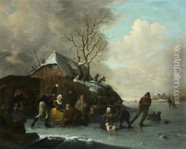 Figures Resting On The Ice Oil Painting - Andries Vermeulen