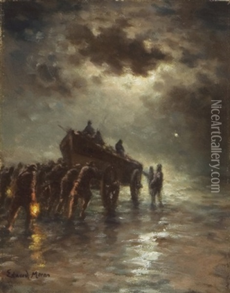 Launching The Lifeboat Oil Painting - Edward Moran