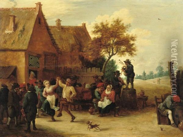 Boors Merry Making Outside An Inn Oil Painting - David The Younger Teniers