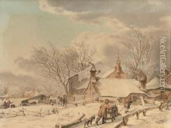 A Winter Landscape With Farmers Gathering Wood Oil Painting - Jacob Cats