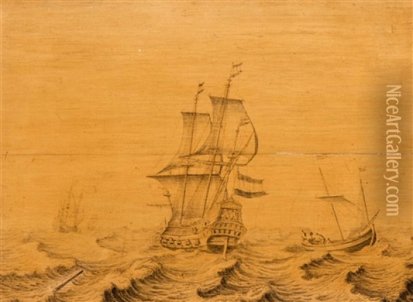 Ships On A Choppy Sea Oil Painting - Willem van de Velde the Elder