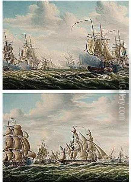 Engagements Between French And English Frigates, Probably The Battle Of Algeciras 1801 Oil Painting - Engel Hoogerheyden