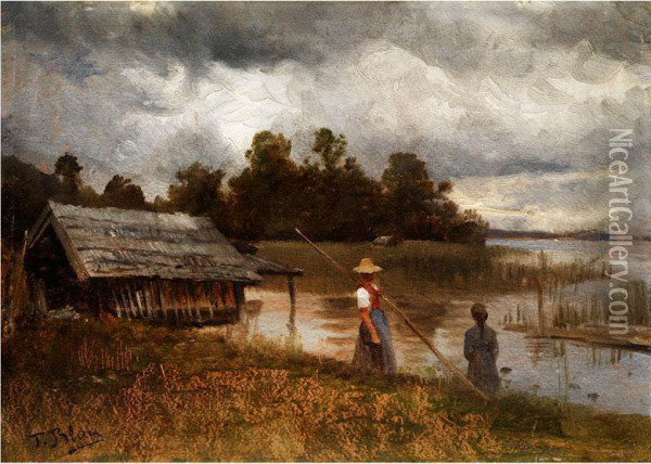 Zwei Madchen Am Ufer Einesoberbayerischen Sees Oil Painting - Tina Blau