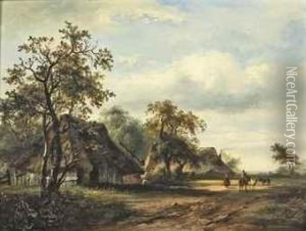 Summer Landscape With Travellers On A Country Road Oil Painting - Ferdinand Hendrik Sijpkens