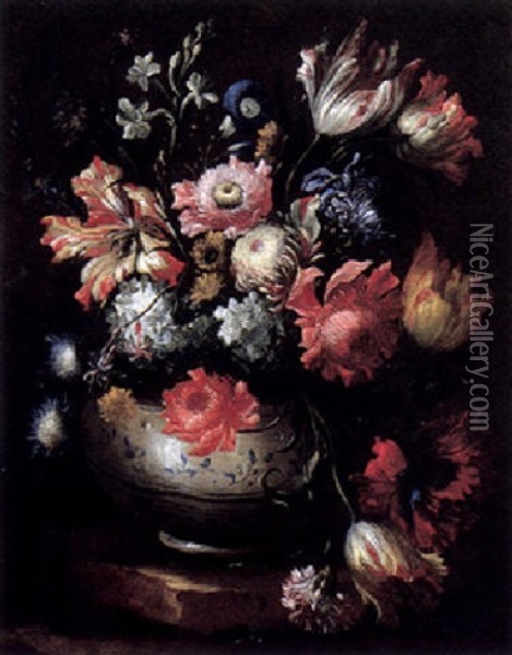 A Still Life Of Various Flowers In A Painted Vase Oil Painting - Nicola Casissa