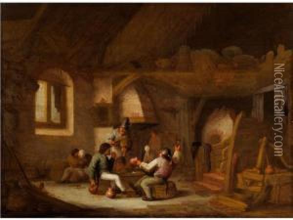 Zwei Zechende Bauern Und Ein Geigenspieler Im Niederlandischen Interieur Oil Painting - Anthonie Victoryns