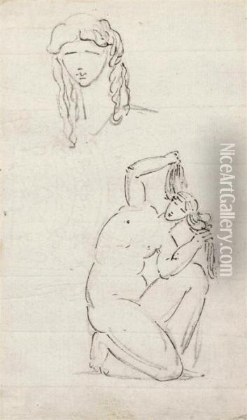 Study Sheet With Kneeling Female Nude And Study Of Head Oil Painting - Jean-Pierre Saint-Ours