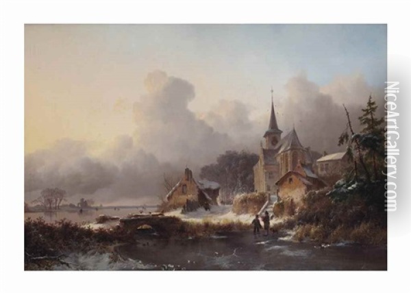A Winter's Day In The Village With Figures On The Ice Oil Painting - Frederik Marinus Kruseman