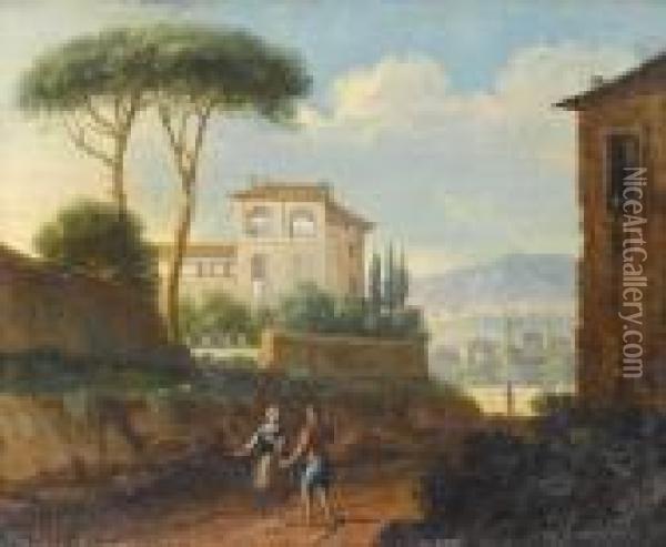 Figures On A Path Before An Italianate Palace,a Landscape Beyond Oil Painting - Paolo Anesi
