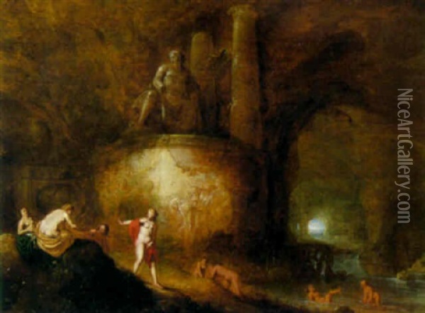 Nymphs Bathing In A Cave Beneath A Statue Of Neptune Oil Painting - Abraham van Cuylenborch