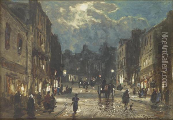 Figures And Carriages On A Street By Moonlight Oil Painting - William Manners