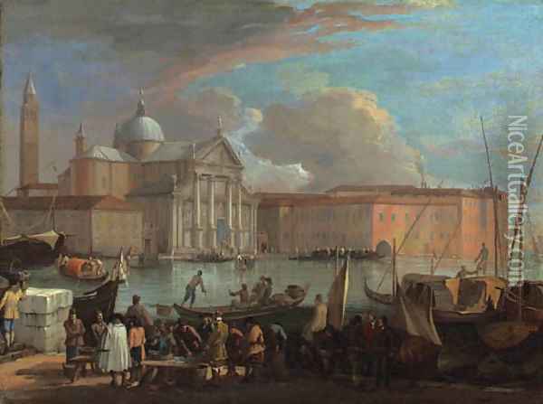 San Giorgio Maggiore, Venice, with a fish market Oil Painting - Luca Carlevarijs