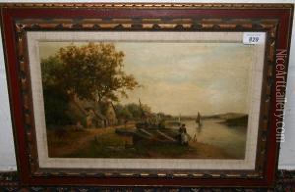 Fishing Boats On Bank Beside Cottage With River Beyond Oil Painting - Frank Rawlings Offer