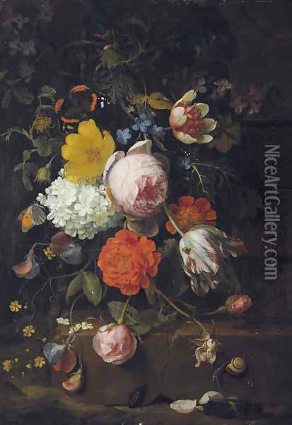 Peonies, tulips, roses and other flowers on a ledge with a snail, a beetle and a butterfly Oil Painting - Jan Mortel