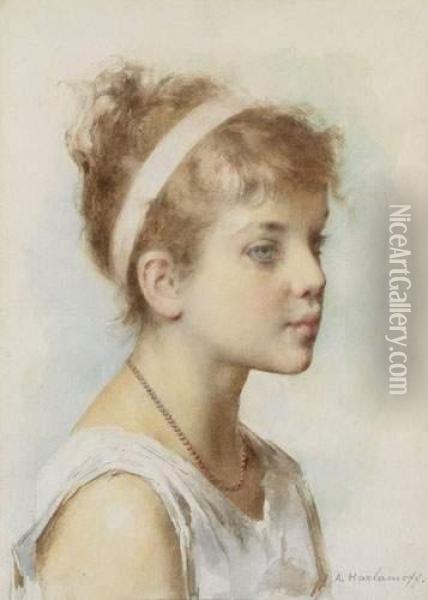 Portrait Of A Girl Oil Painting - Alexei Alexeivich Harlamoff