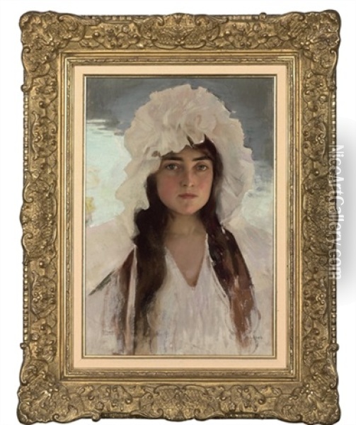 Portrait Of A Girl In A White Bonnet Oil Painting - Albert Lynch
