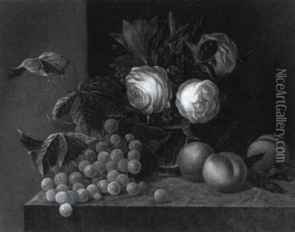 Stilleben Mit Rosen In Einer Glasvase Und Fruchten Oil Painting - Erdmann Schultz