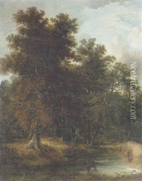 A Wooded River Landscape With A Footbridge Oil Painting - John Berney Crome