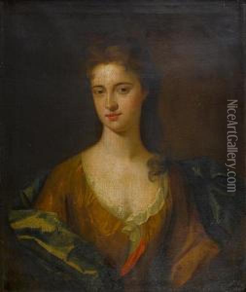 Portrait Of A Lady, Half-length, In A Browndress With A Blue Satin Wrap And A White Chemise, Within A Paintedstone Oval Oil Painting - Jonathan Ii Richardson