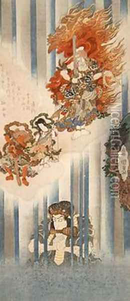 Actors Ichikawa Danjuro VII as Mongaku and Matsumoto Koshiro V as Fudo myoo Oil Painting - Utagawa Kunisada