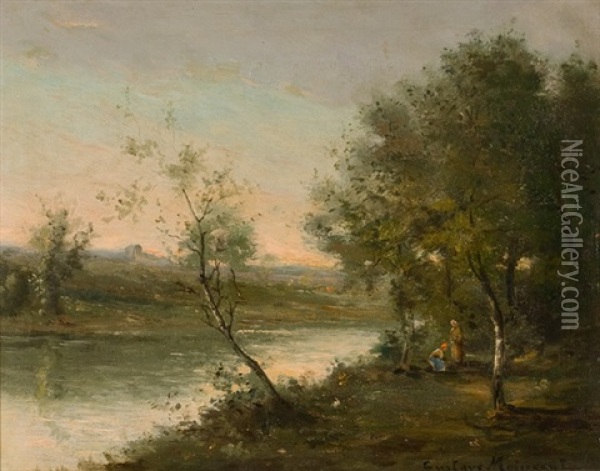 Baumbestandene Flusslandschaft Mit Figurenstaffage Oil Painting - Gustave Maincent