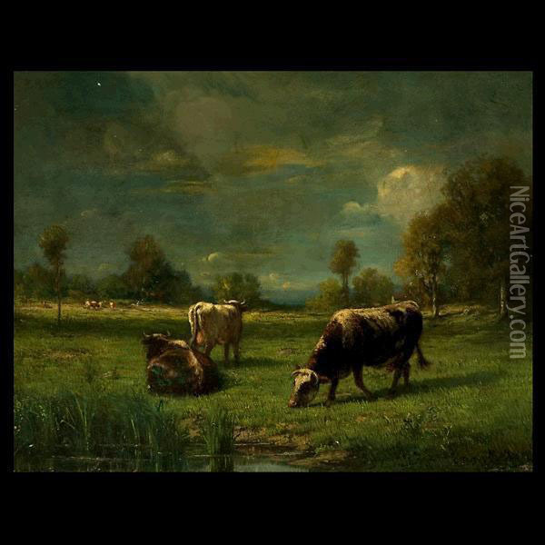 Cows Grazing In A Pasture Oil Painting - Constant Troyon