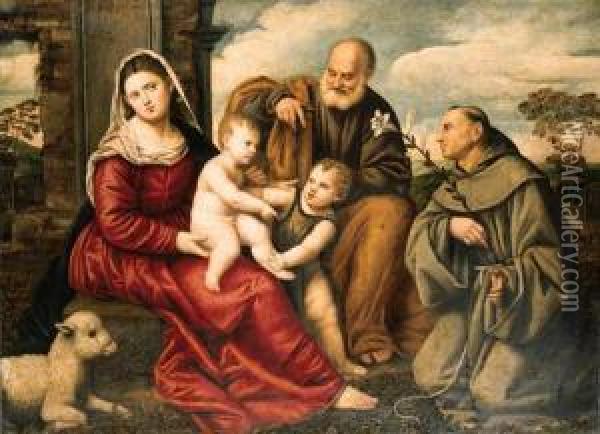 A Sacra Conversazione With 
Saints Joseph, The Infant Saint John Thebaptist And Anthony Of Padua Oil Painting - Bernardino Licinio