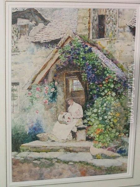 Lady Seated At A Cottage Door Oil Painting - David Woodlock