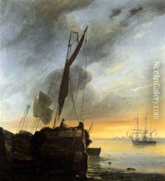 Aangemeerde Vissersboot Op De Schelde Bij Valavond Oil Painting - Egidius Linnig