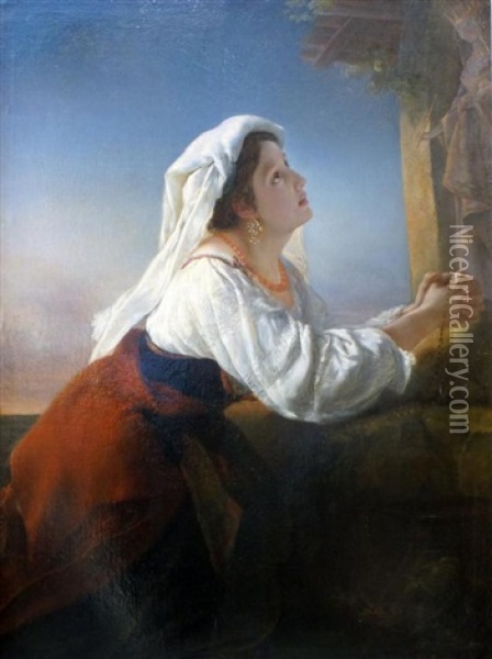 Jonge Vrouw In Aanbidding Van De Moeder Gods Oil Painting - Henri-Eugene Pluchart