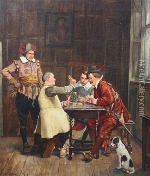 Interior With Cavaliers Playing Cards Oil Painting - Alfred Dixon