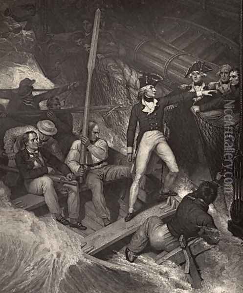 Lieutenant Nelson volunteering to board a prize in violent gale, illustration from The Life of Nelson by Robert Southey (1774-1843) first published 1813 Oil Painting - Richard Westall